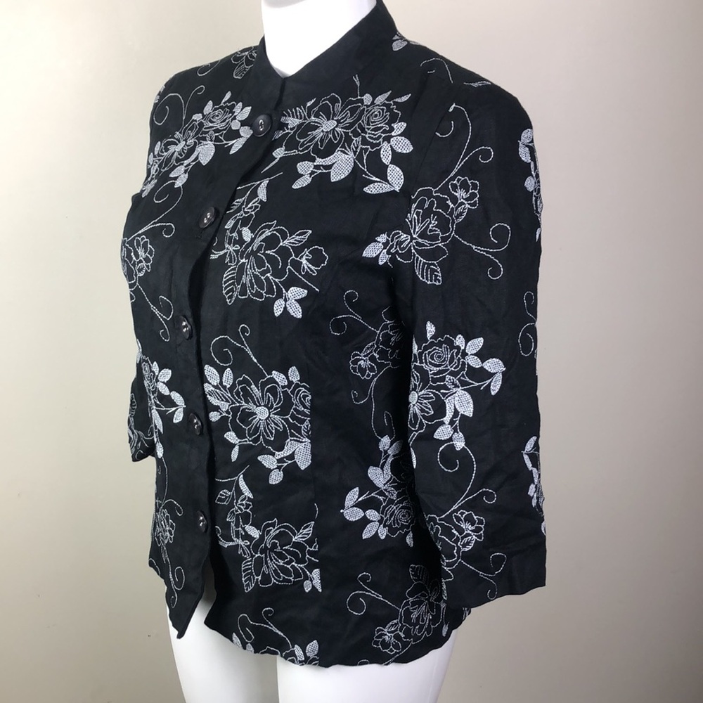JM Collection Embroidered Linen Jacket Black White Floral - Picture 7 of 8